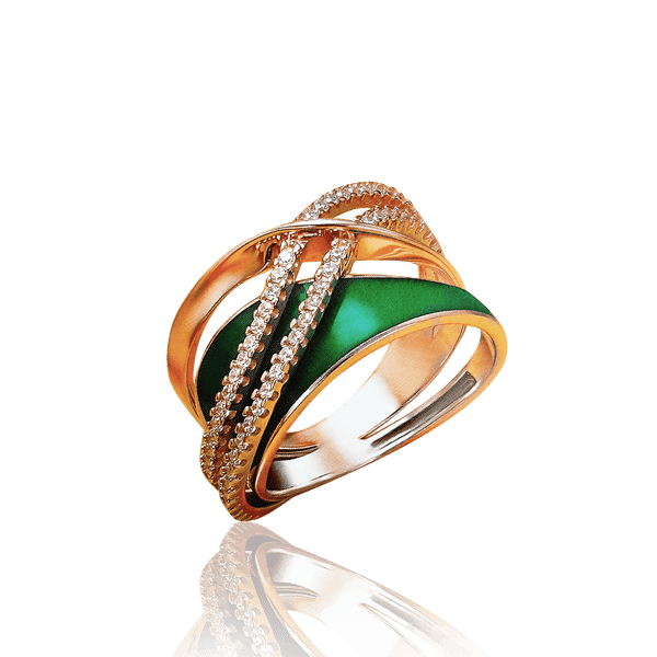 Кольцо из красного золота с зеленой эмалью и фианитами 030801 детальное изображение ювелирного изделия Золотые кольца Кольцо из красного золота с зеленой эмалью и фианитами 030801 детальное изображение ювелирного изделия Золотые кольца