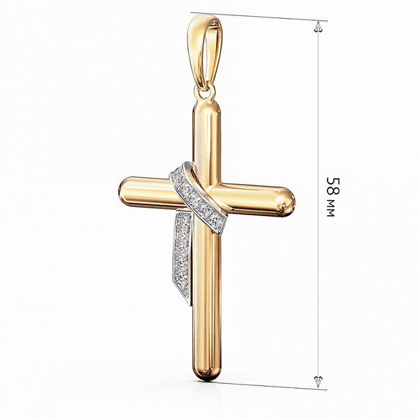 Золотой подвес-крестик с закругленными концами, украшенный диагональной лентой с фианитами  Золотой подвес-крестик с закругленными концами, украшенный диагональной лентой с фианитами