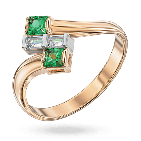 Комбинированное асимметричное кольцо с изумрудами и бриллиантами 041005 детальное изображение ювелирного изделия Золотые кольца с изумрудом