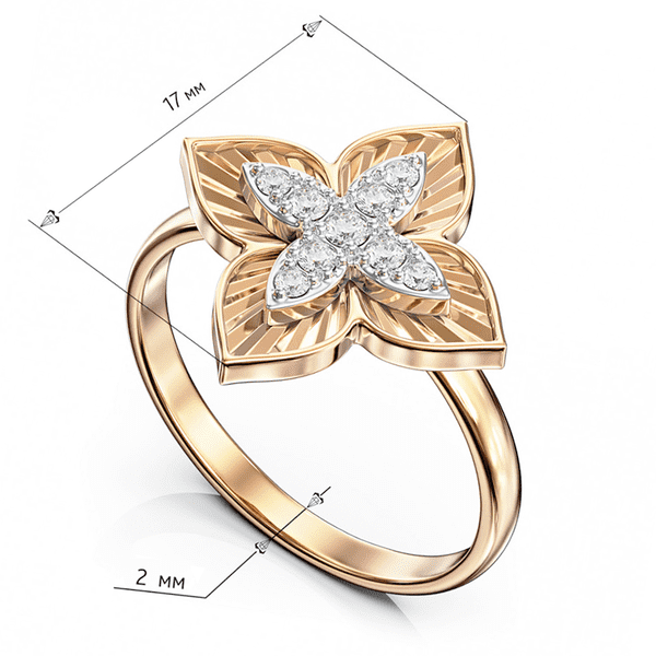 Комбинированное кольцо с большим, рефленным цветком и меньшим, украшенным фианитами Комбинированное кольцо с большим, рефленным цветком и меньшим, украшенным фианитами