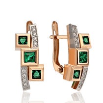обзорное фото Золотые сережки Квадраты с зелеными камнями 033688  Золотые серьги