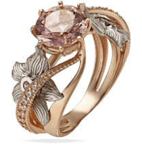 обзорное фото Золотое кольцо с розовым морганитом и фианитами 030467  Золотые кольца с морганитом