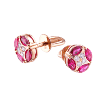 обзорное фото Золотые серьги-гвоздики с бриллиантами и розовыми сапфирами 032019  Золотые серьги с сапфиром