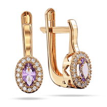 обзорное фото Золотые серьги с аметистом в овальной форме и фианитами по кругу с вырезами сердец 040271 Золотые серьги с аметистом обзорное фото Золотые серьги с аметистом в овальной форме и фианитами по кругу с вырезами сердец 040271  Золотые серьги с аметистом