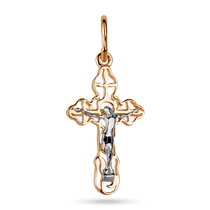 обзорное фото Золотой подвес ажурный крестик в комбинированном золоте 038041 Декоративные золотые крестики обзорное фото Золотой подвес ажурный крестик в комбинированном золоте 038041  Декоративные золотые крестики
