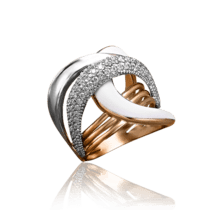 обзорное фото Золотое кольцо с белой эмалью и фианитами 030824  Эксклюзивные кольца из золота