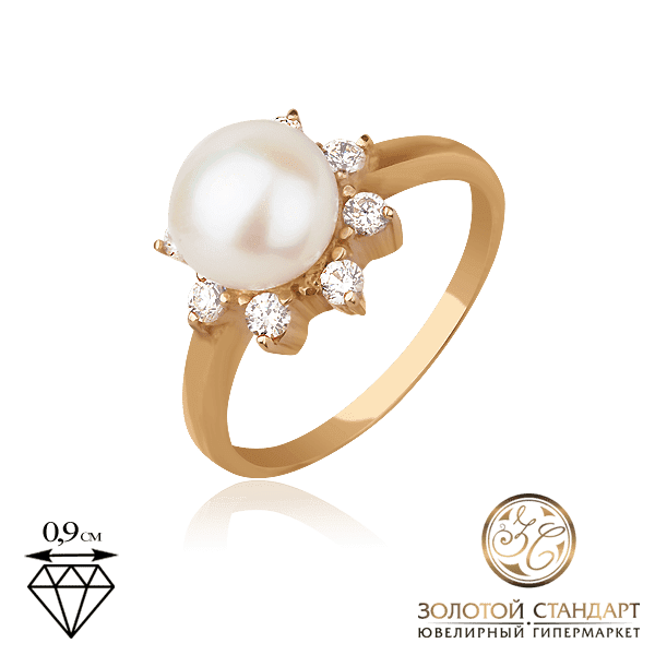 Золотое кольцо с жемчугом и фианитами Золотое кольцо с жемчугом и фианитами