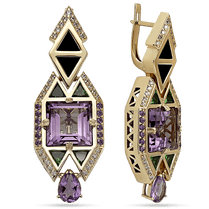 обзорное фото Массивные золотые серьги с аметистом, агатом и фианитами 034376 Золотые серьги с аметистом обзорное фото Массивные золотые серьги с аметистом, агатом и фианитами 034376  Золотые серьги с аметистом
