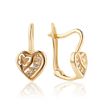 обзорное фото Золотые серьги Сердечка с фианитами 036302  Серьги с камнями