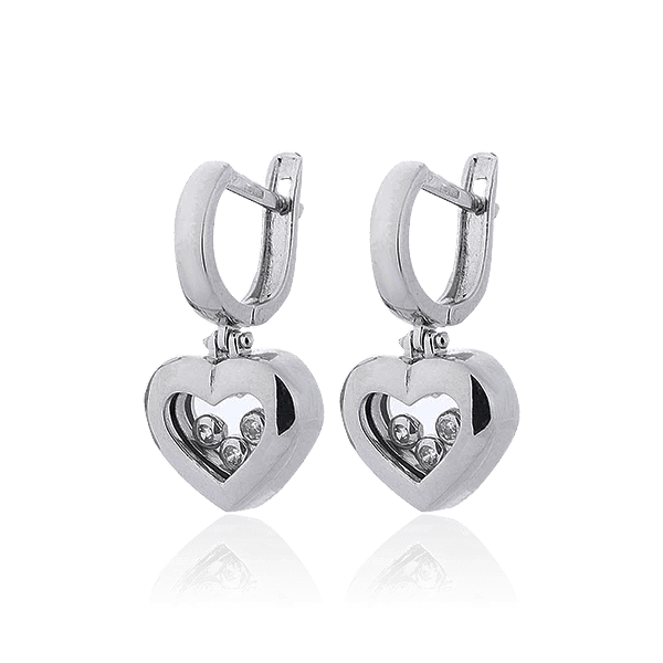 Золотые серьги Сердечки в белом золоте с танцующими фианитами 028387 детальное изображение ювелирного изделия Золотые серьги с фианитом Золотые серьги Сердечки в белом золоте с танцующими фианитами 028387 детальное изображение ювелирного изделия Золотые серьги с фианитом