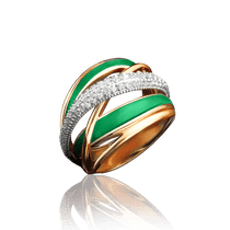 обзорное фото Массивное золотое кольцо с зеленой эмалью и фианитами 030821 Золотые кольца с эмалью обзорное фото Массивное золотое кольцо с зеленой эмалью и фианитами 030821  Золотые кольца с эмалью