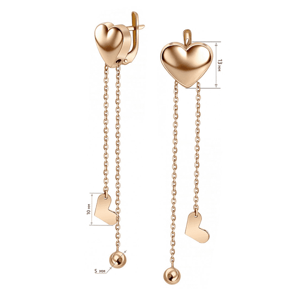 Золотые серьги-подвески объемное сердце на английской застежке с подвесными сердцами и шариками Золотые серьги-подвески объемное сердце на английской застежке с подвесными сердцами и шариками