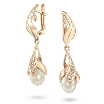 обзорное фото Элегантные серьги-подвески с жемчугом и фианитами в нежном флористическом дизайне 040914  Золотые серьги с жемчугом