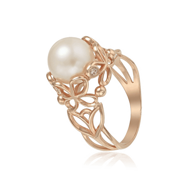 Золотое кольцо с жемчугом и фианитами 028599 детальное изображение ювелирного изделия Золотые кольца с жемчугом