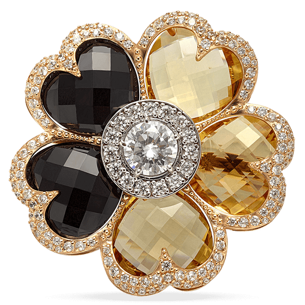 Золотая брошь с черными, желтыми и белыми фианитами 038943 детальное изображение ювелирного изделия Золотые броши Золотая брошь с черными, желтыми и белыми фианитами 038943 детальное изображение ювелирного изделия Золотые броши