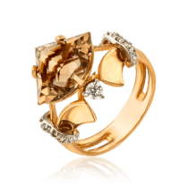 обзорное фото Золотое кольцо с дымчатым кварцем и фианитами Сальса 033955  Золотые кольца