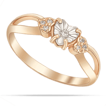 обзорное фото Золотое кольцо с бриллиантом в изящной оправе в форме сердечка и мелкими камешками по бокам 040445  Золотые кольца с бриллиантами