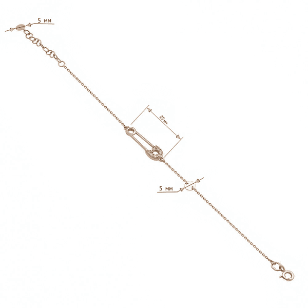 Золотой браслет с оригинальным декором в виде булавки, инкрустированной фианитами и дополнительным маленьким кругом Золотой браслет с оригинальным декором в виде булавки, инкрустированной фианитами и дополнительным маленьким кругом