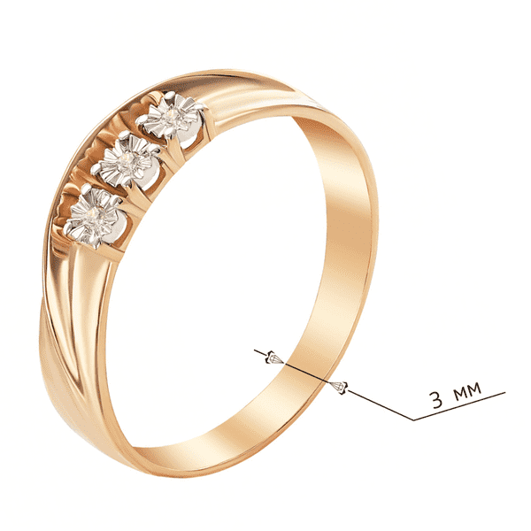 Золотое кольцо с плавными изящными линиями и 3 вставками в форме цветов с бриллиантами Золотое кольцо с плавными изящными линиями и 3 вставками в форме цветов с бриллиантами