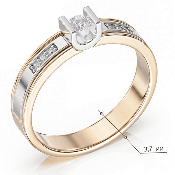 Кольцо с центральным бриллиантом закрепленным в стильной основе и дорожками по бокам