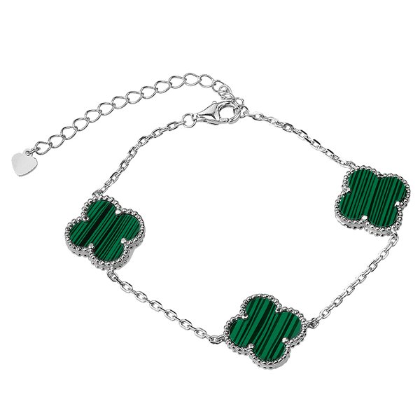 Серебряный браслет с тремя большими клеверами из малахита 039442 детальное изображение ювелирного изделия Серебряные женские браслеты Серебряный браслет с тремя большими клеверами из малахита 039442 детальное изображение ювелирного изделия Серебряные женские браслеты
