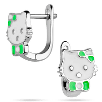 обзорное фото Серебряные детские серьги Hello Kitty с бантиком и белой и зеленой эмалью 039462  Детские серебряные серьги 