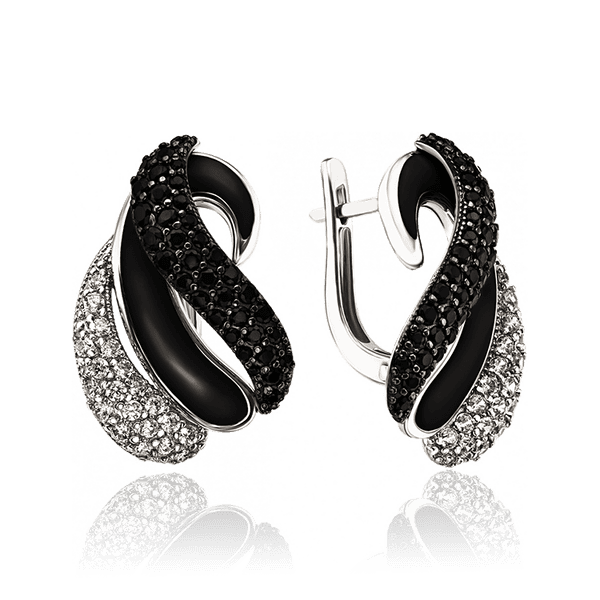 Стильные сережки из серебра с черной эмалью и фианитами 034195 детальное изображение ювелирного изделия Серебряные серьги с камнями Стильные сережки из серебра с черной эмалью и фианитами 034195 детальное изображение ювелирного изделия Серебряные серьги с камнями