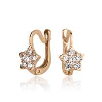 обзорное фото Детские серьги Цветочек в красном золоте на английском замке с фианитами 027466  Серьги с камнями