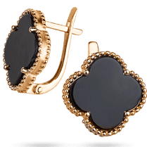 обзорное фото Серьги на английской застежке Клевер с ониксом в красном золоте 039247  Золотые серьги с ониксом