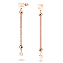 обзорное фото Золотые длинные пуссеты Квадрат с тонкими цепочками декорированные шариками и монетками 040736  Золотые серьги без вставок