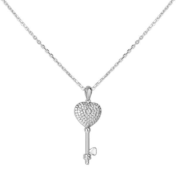 Серебряное колье с якорным плетением Ключик с фианитами на карабине Серебряное колье с якорным плетением Ключик с фианитами на карабине
