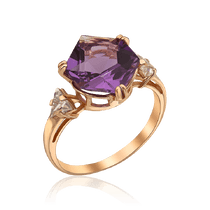 обзорное фото Золотое кольцо с крупным аметистом и фианитами 036665 Золотые кольца обзорное фото Золотое кольцо с крупным аметистом и фианитами 036665  Золотые кольца