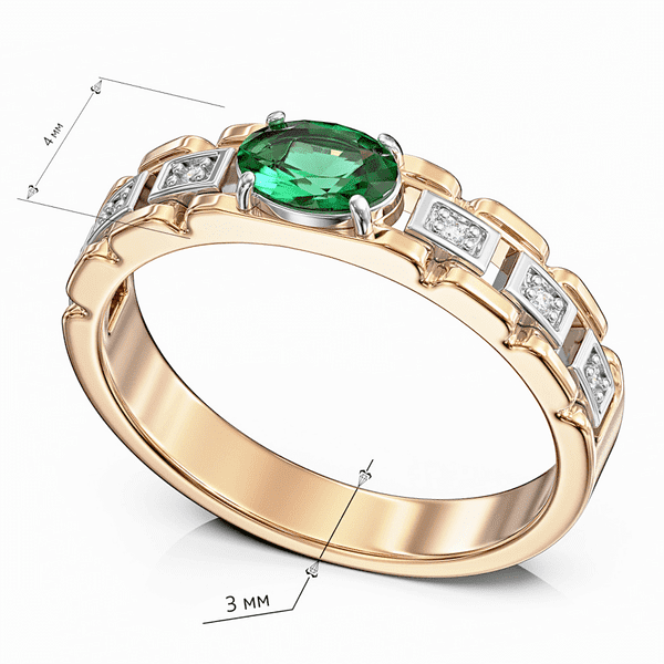 Золотое кольцо с изумрудом в овальной огранке и белыми вставками инкрустированными бриллиантами Золотое кольцо с изумрудом в овальной огранке и белыми вставками инкрустированными бриллиантами