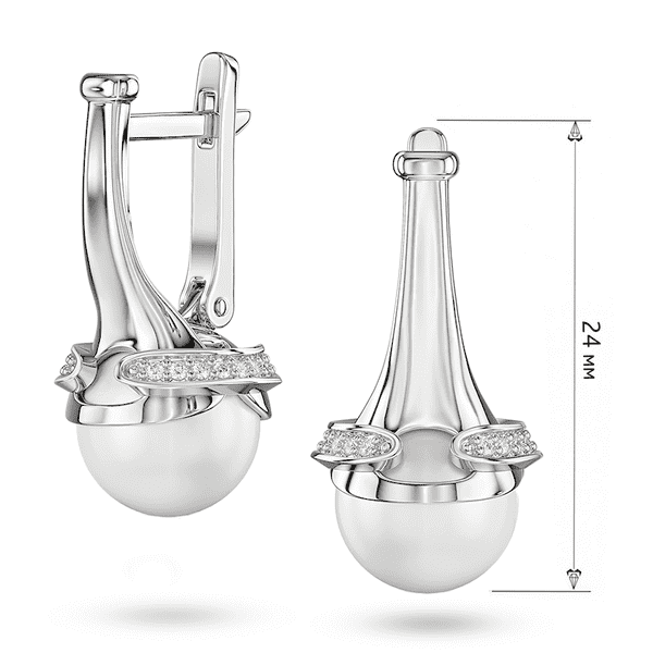 Сережки у білому золоті «AURORA LIGHT» з перлиною та доріжкою діамантів 041254 детальне зображення ювелірного виробу Сережки у білому золоті «AURORA LIGHT» з перлиною та доріжкою діамантів 041254 детальне зображення ювелірного виробу
