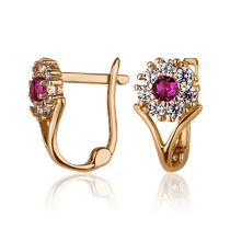 обзорное фото Детские серьги Цветок в красном золоте с фианитами 027473  Серьги с камнями