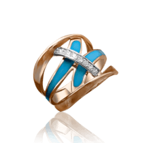 обзорное фото Золотое кольцо с голубой эмалью и фианитами 030835  Эксклюзивные кольца из золота