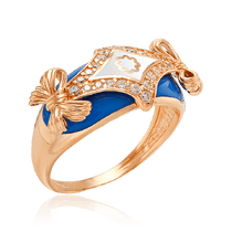 обзорное фото Золотое кольцо Барокко с синей и белой эмалью 033861 Золотые кольца обзорное фото Золотое кольцо Барокко с синей и белой эмалью 033861  Золотые кольца