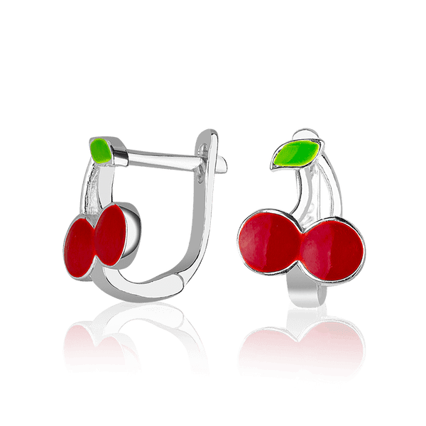 Серебряные серьги детские на английском замке в форме вишенок с эмалью 037612 детальное изображение ювелирного изделия Детские серебряные серьги  Серебряные серьги детские на английском замке в форме вишенок с эмалью 037612 детальное изображение ювелирного изделия Детские серебряные серьги