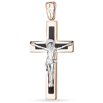 обзорное фото Золотой крест в красном золоте со вставкой черной эмали 038176 Декоративные золотые крестики обзорное фото Золотой крест в красном золоте со вставкой черной эмали 038176  Декоративные золотые крестики