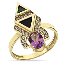 обзорное фото Кольцо в лимонном золоте с аметистом, агатом и фианитами 035048 Золотые кольца с аметистом обзорное фото Кольцо в лимонном золоте с аметистом, агатом и фианитами 035048  Золотые кольца с аметистом