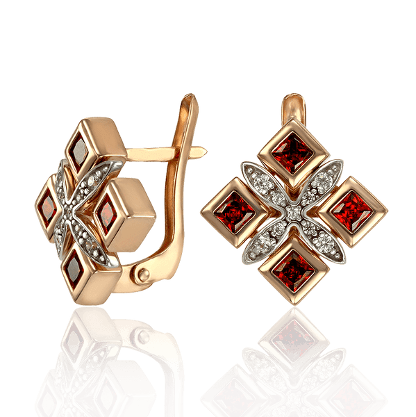 Квадратные серьги золотые с красными фианитами 033718 детальное изображение ювелирного изделия Золотые серьги