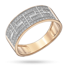обзорное фото Широкое золотое кольцо с белым узором греческого меандра инкрустированным фианитами 040531  Золотые кольца с фианитом
