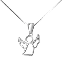 обзорное фото Серебряное колье Ангелочек с дорожкой фианитов на крыльях венецианское плетение на карабине 040567  Серебряные колье