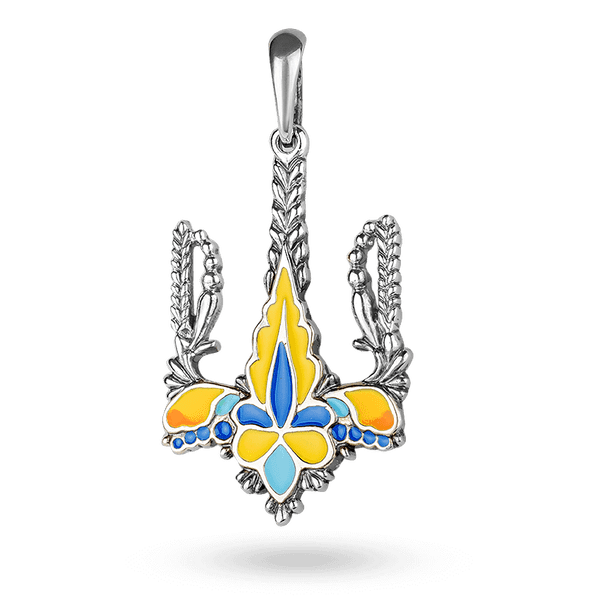 Серебряный кулон Тризуб с сине-желтой эмалью 040681 детальное изображение ювелирного изделия Серебряные подвески со вставками