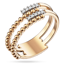 обзорное фото Стильное двойное кольцо с гладкими шариками и белыми фианитами в красном золоте 039887  Золотые кольца с фианитом