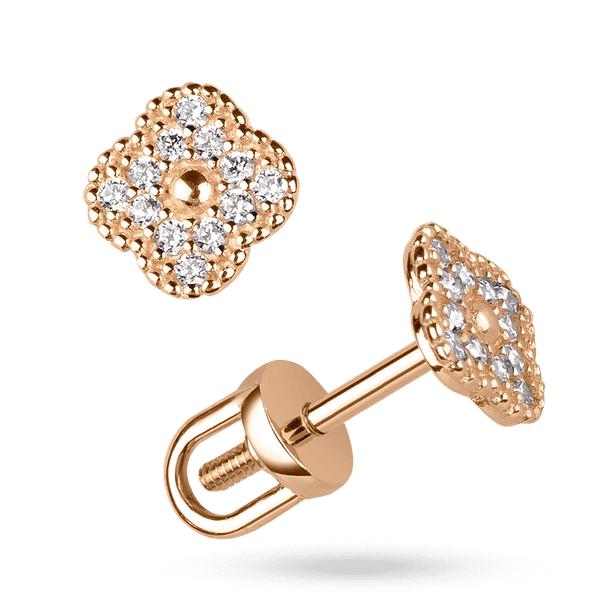 Золотые серьги-гвоздики с фианитами маленький Клевер 040930 детальное изображение ювелирного изделия Золотые серьги с фианитом