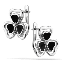 обзорное фото Серьги-пуссеты в белом золоте с трехлистным клевером эмалью и камешком фианит 040004 Золотые серьги с фианитом обзорное фото Серьги-пуссеты в белом золоте с трехлистным клевером эмалью и камешком фианит 040004  Золотые серьги с фианитом