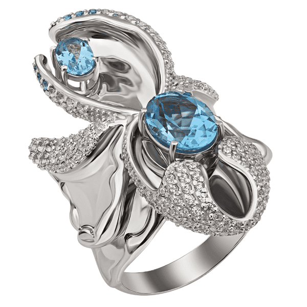 Золота ексклюзивна каблучка в білому золоті з крупним топазом та фіанітами 038089 детальне зображення ювелірного виробу Золота ексклюзивна каблучка в білому золоті з крупним топазом та фіанітами 038089 детальне зображення ювелірного виробу