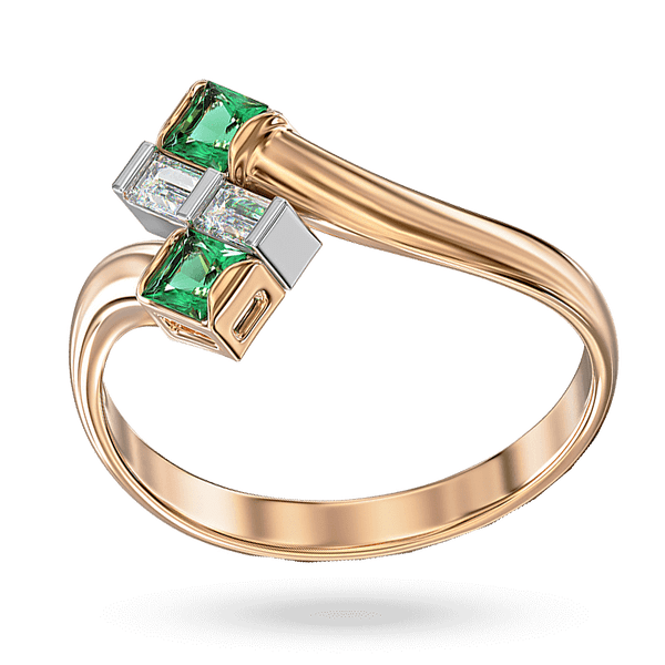 Асимметричное золоте кольцо с квадратными изумрудами и прямоугольными бриллиантами в оправе из белого золота