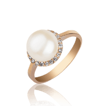 обзорное фото Золотое кольцо с жемчугом и фианитами 031005 Золотые кольца с жемчугом обзорное фото Золотое кольцо с жемчугом и фианитами 031005  Золотые кольца с жемчугом